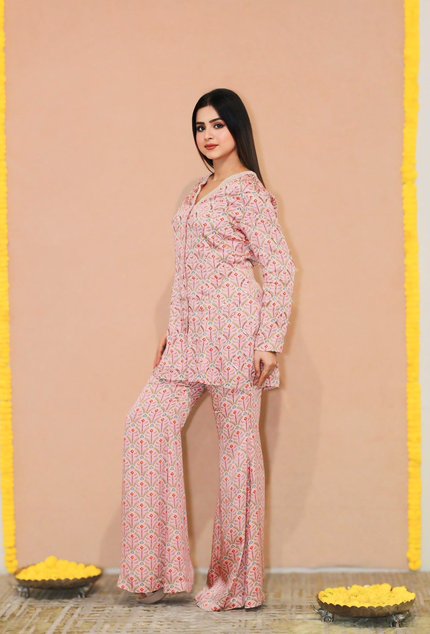 Kumud Short-Jacket Digital Print Bell-Bottom
