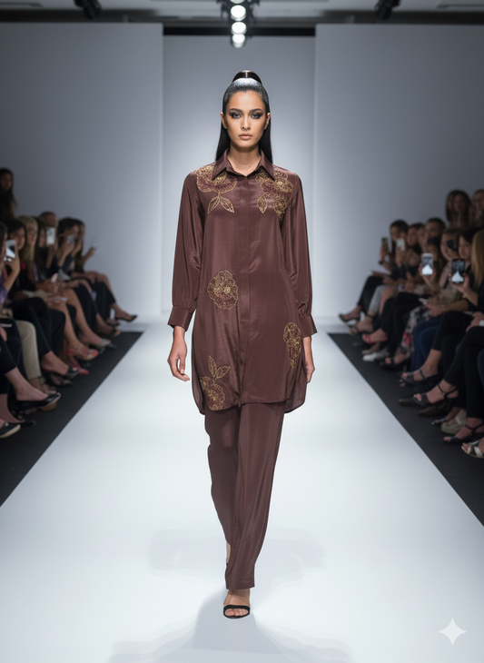 Brown Flower Embellished Co-ord Set