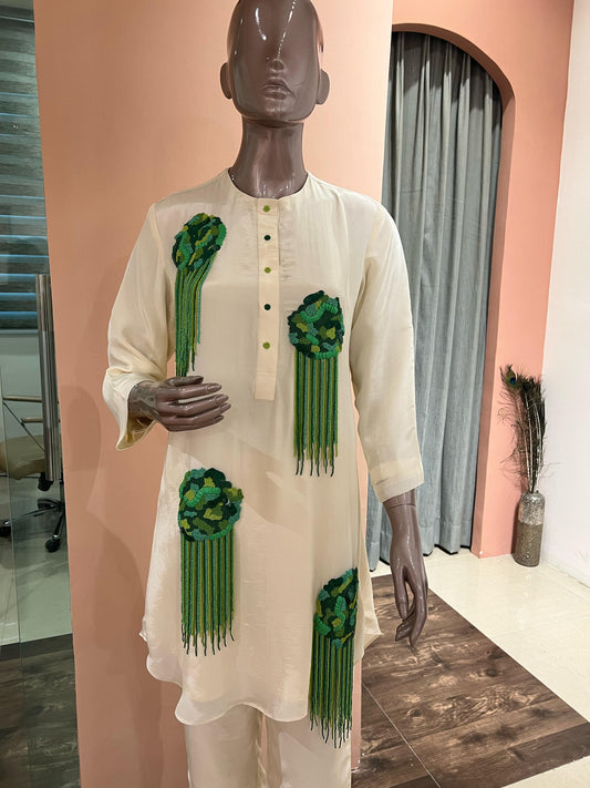 Ivory Co-ord Set with Green Embellishments