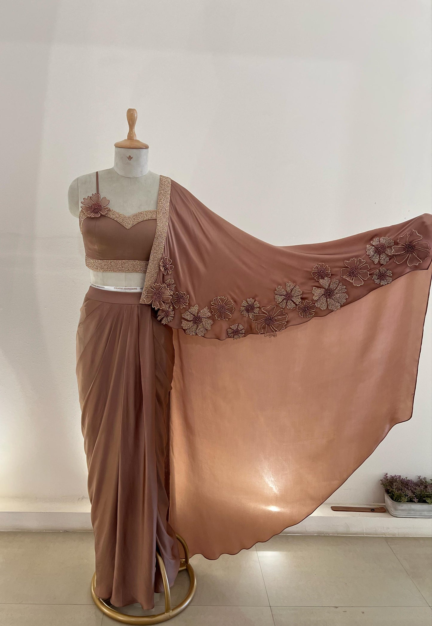 Mocha Flower Drape Saree
