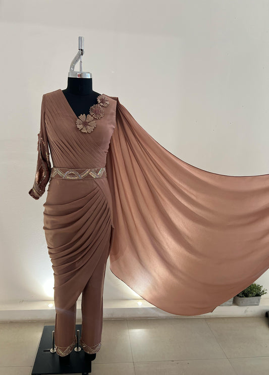 Mocha Jumpsuit Drape Saree