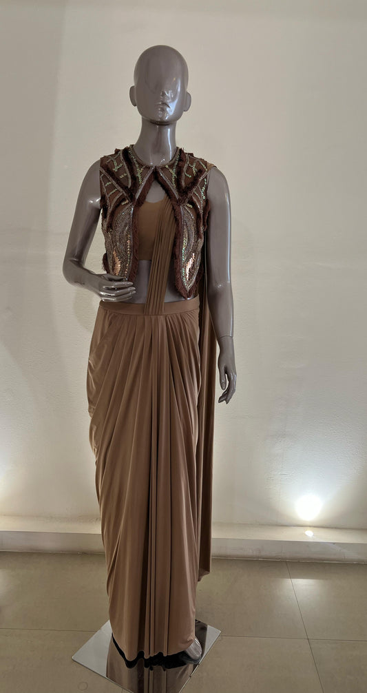 Mocha Jacket Style Drape Saree