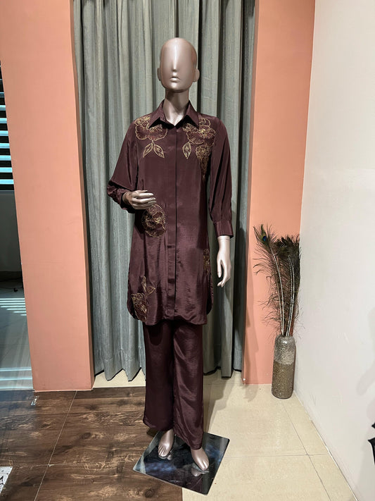 Brown Flower Embellished Co-ord Set