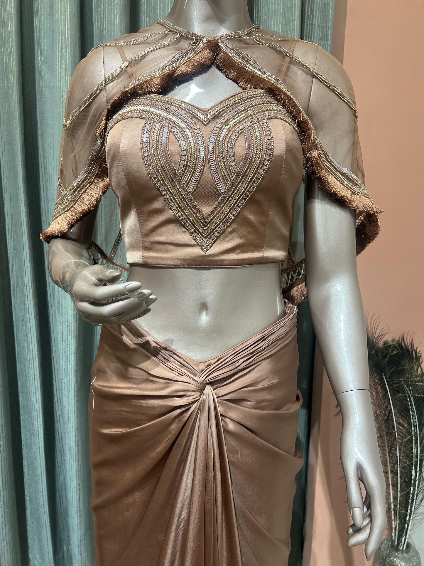 Mocha Embroided Cape with Skirt