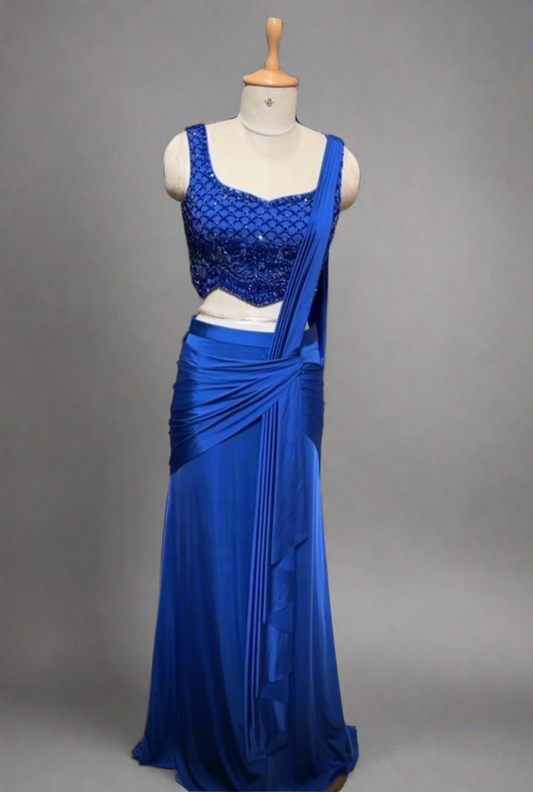 Blue Cutwork Bralet Drape Saree