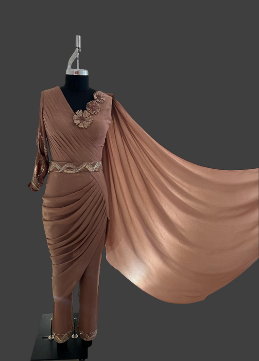 Mocha Jumpsuit Drape Saree