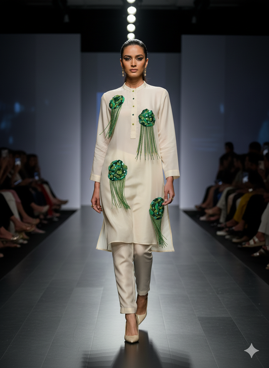 Ivory Co-ord Set with Green Embellishments