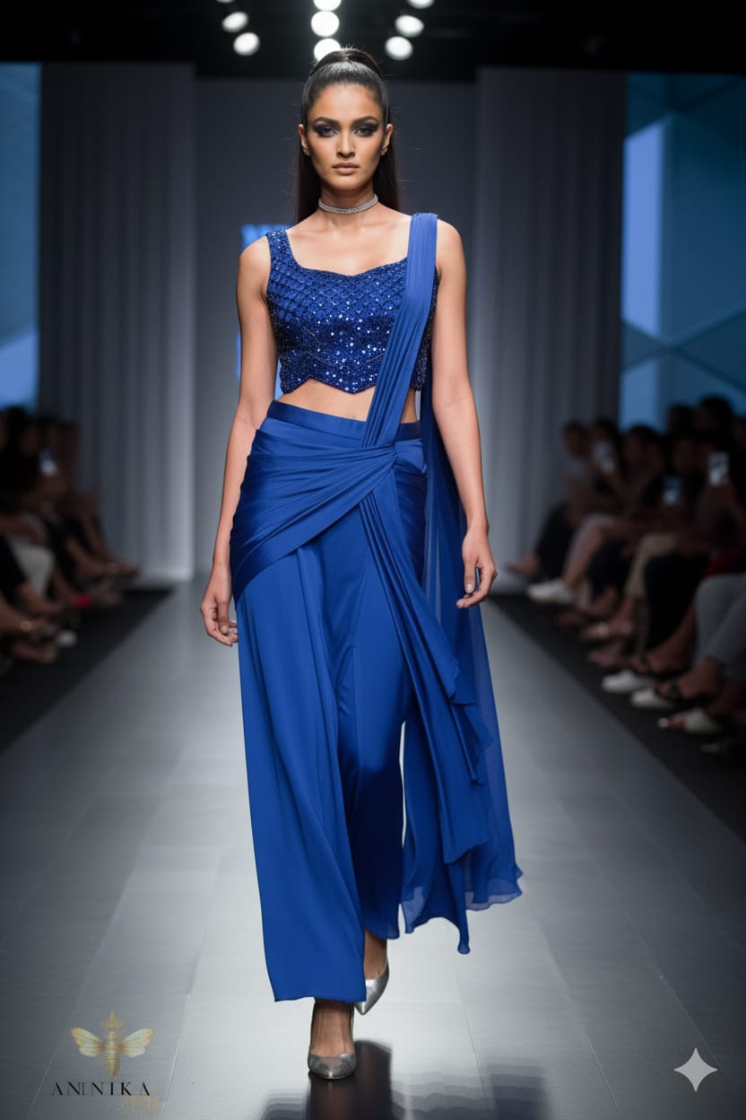 Blue Cutwork Bralet Drape Saree