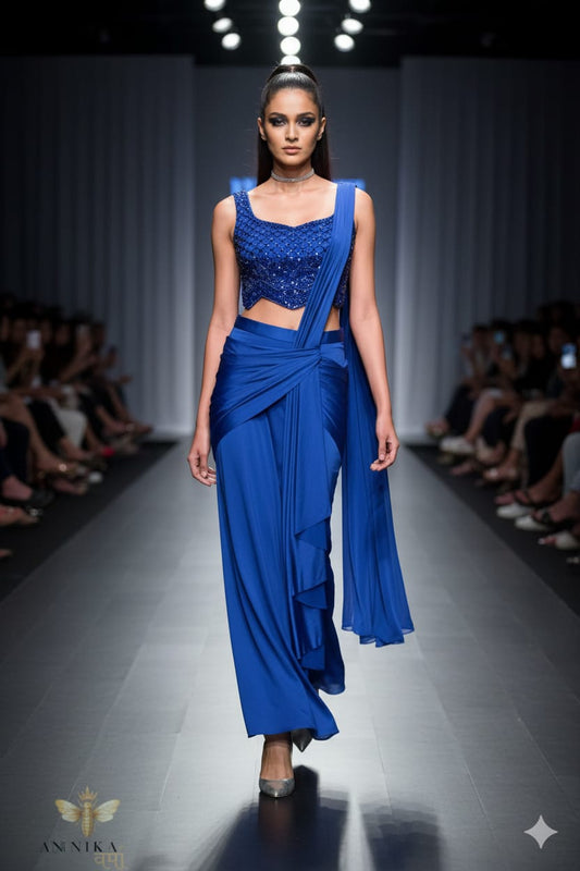 Blue Cutwork Bralet Drape Saree