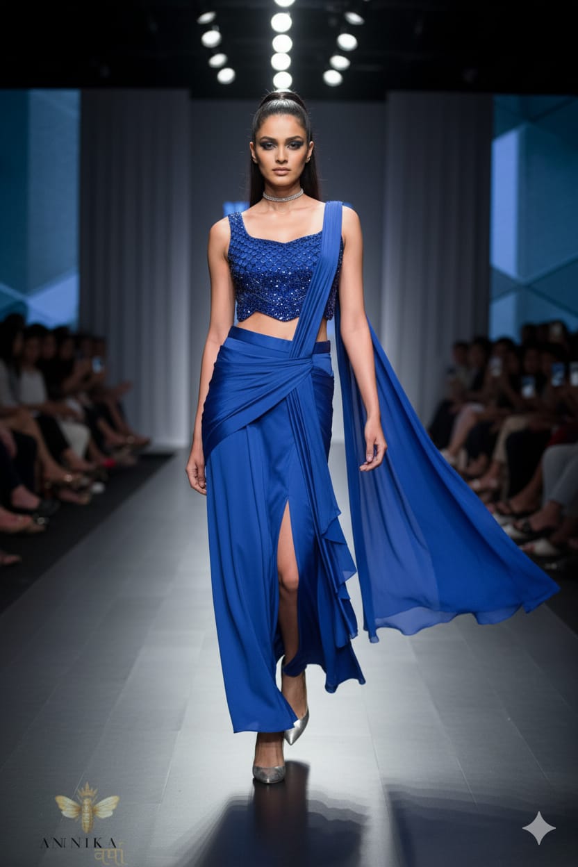 Blue Cutwork Bralet Drape Saree