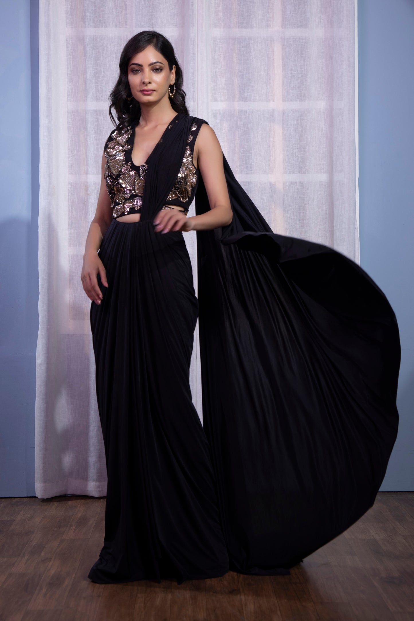 Black Stitched Lycra Saree 3d