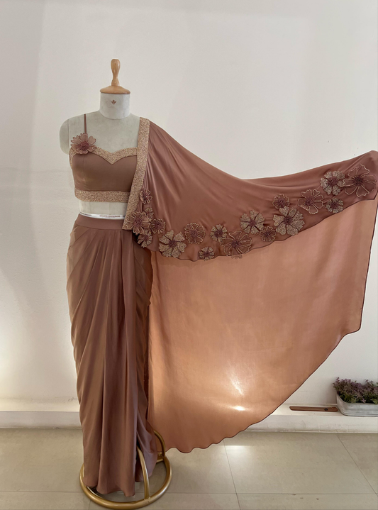 Mocha Flower Drape Saree