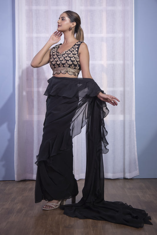 Black Ruffle Saree Dabka