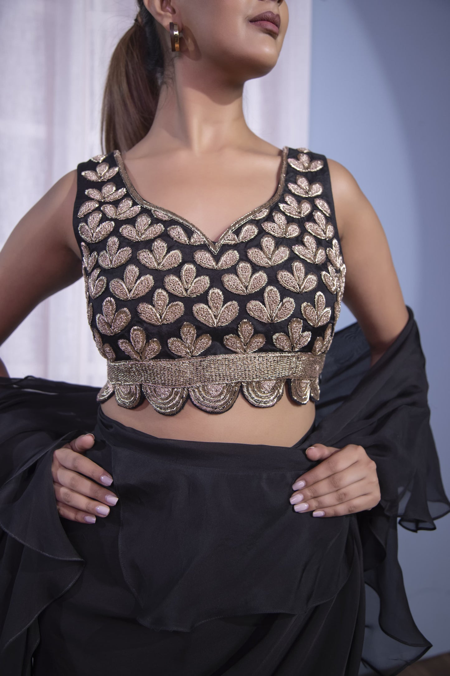 Black Ruffle Saree Dabka