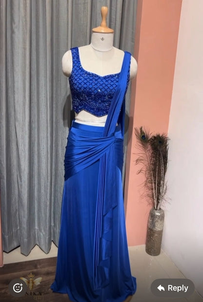 Blue Cutwork Bralet Drape Saree