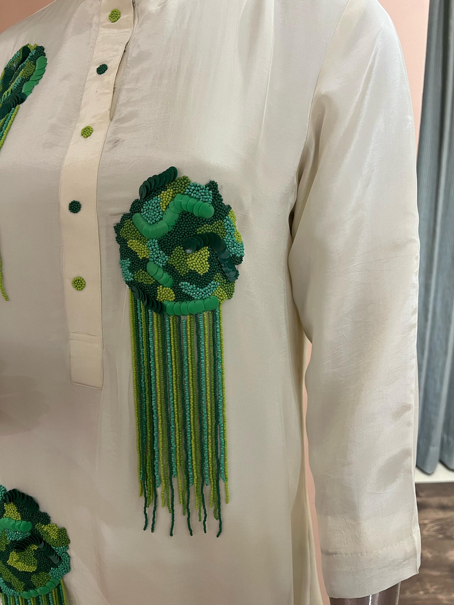 Ivory Co-ord Set with Green Embellishments