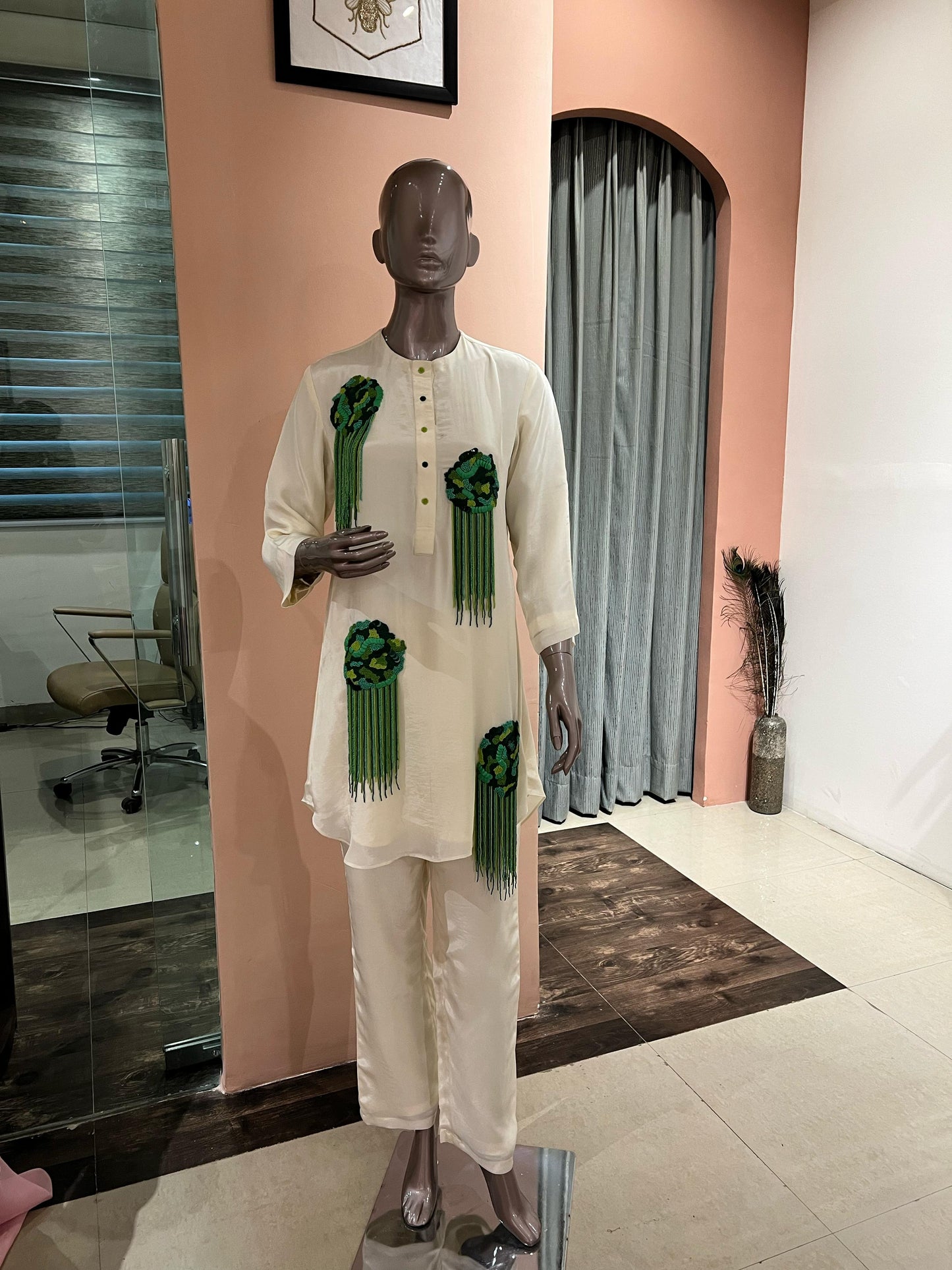 Ivory Co-ord Set with Green Embellishments
