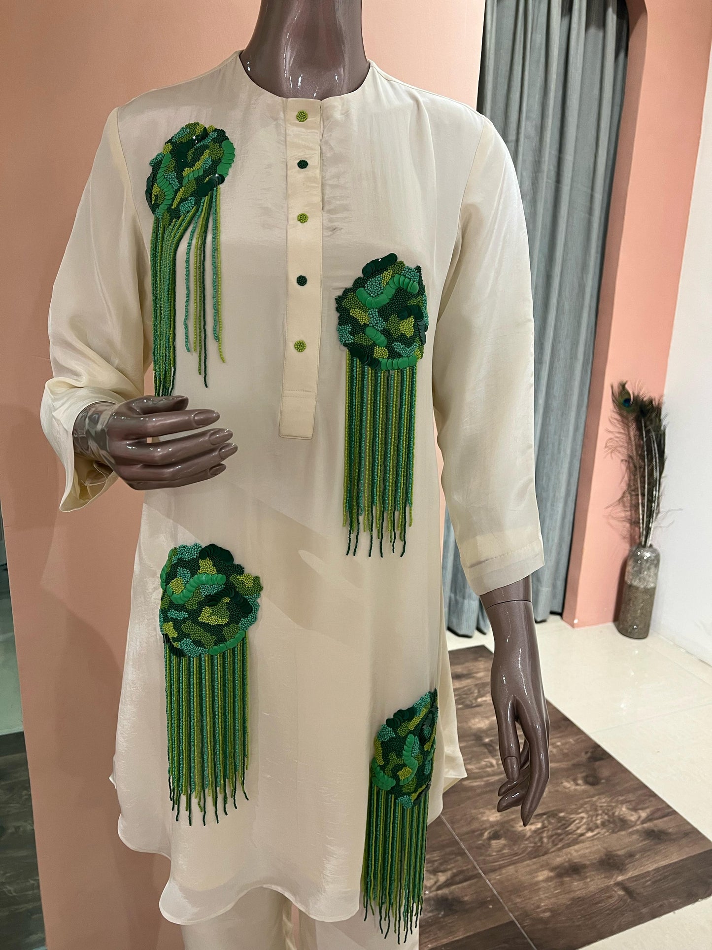 Ivory Co-ord Set with Green Embellishments