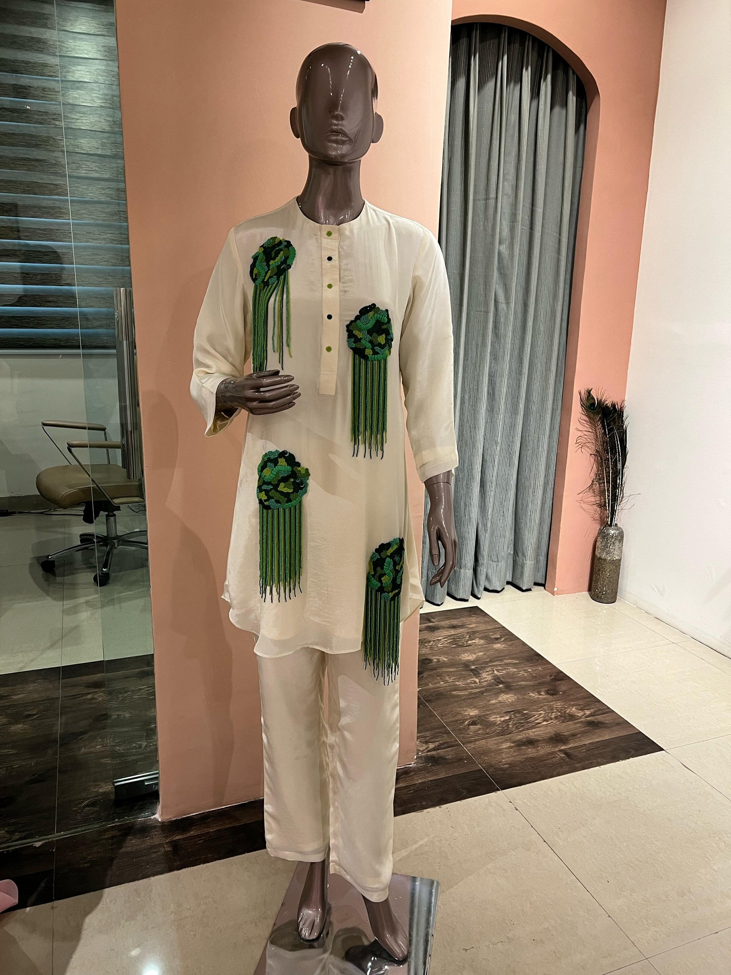 Ivory Co-ord Set with Green Embellishments
