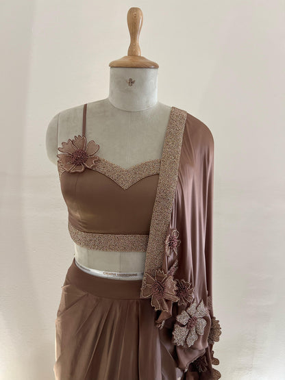 Mocha Flower Drape Saree