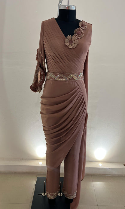 Mocha Jumpsuit Drape Saree