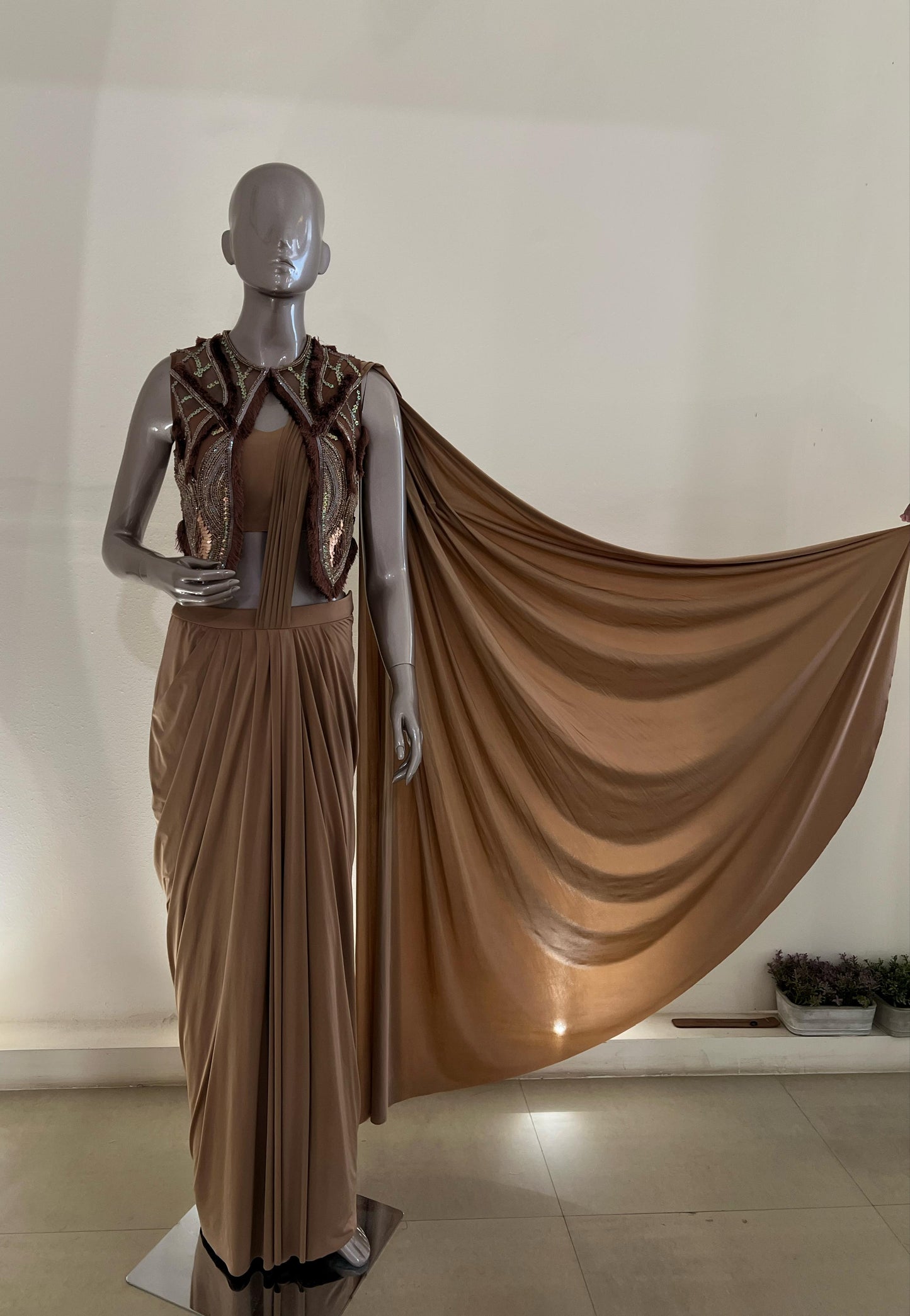 Mocha Jacket Style Drape Saree