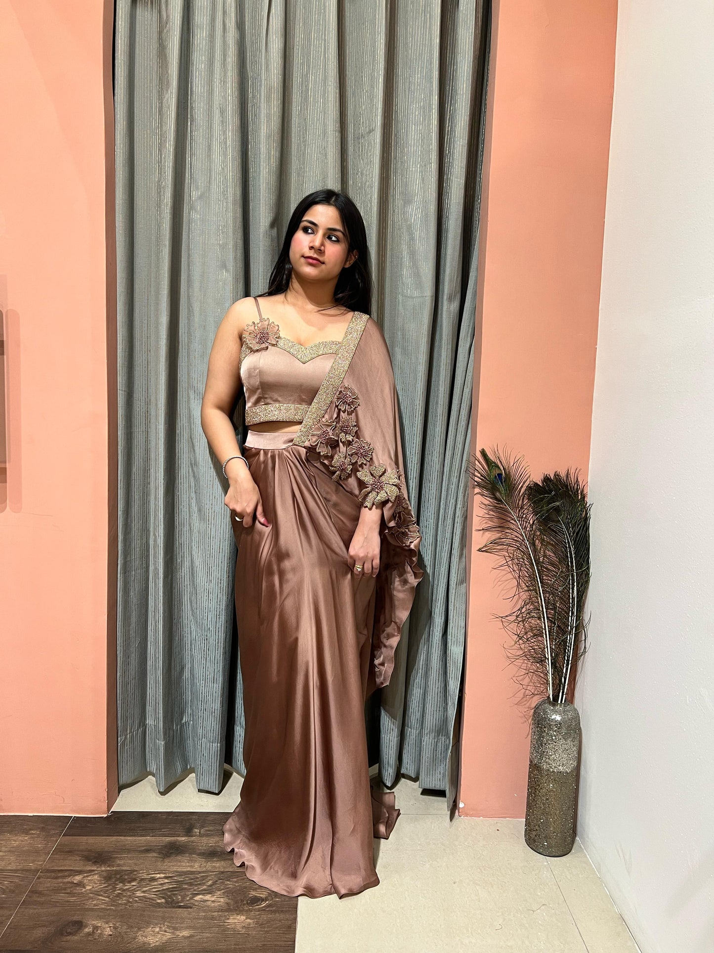 Mocha Flower Drape Saree