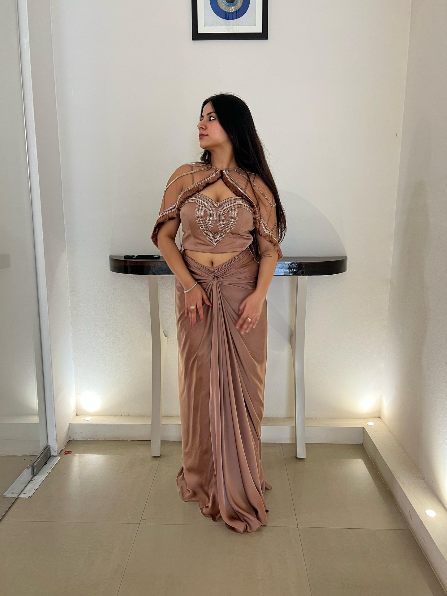 Mocha Embroided Cape with Skirt